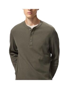 Uniqlo Men's Olive Green Henley Thermal Waffle Knit Long Sleeve T Shirt Sz M & L
